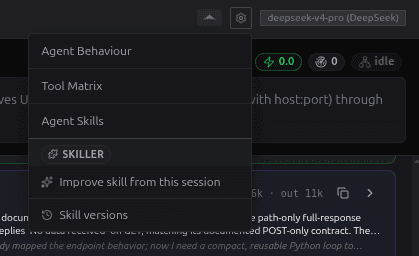 The chat's gear menu with Skiller's group: Improve skill from this session, Skill versions