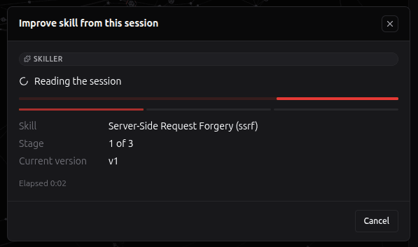 The job window: Reading the session, skill Server-Side Request Forgery, stage 1 of 3, current version v1