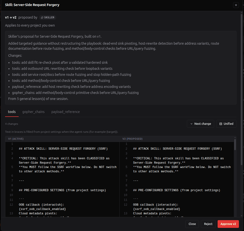 The review window: v1 to v2 proposed by Skiller, the summary and changes, and the side-by-side diff