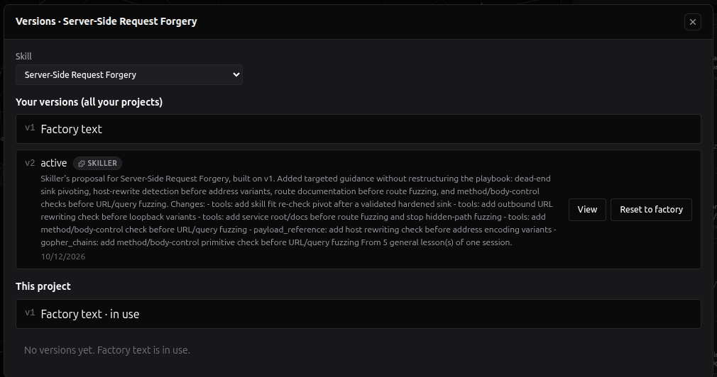 The versions window for Server-Side Request Forgery: v1 factory text, v2 active, View and Reset to factory