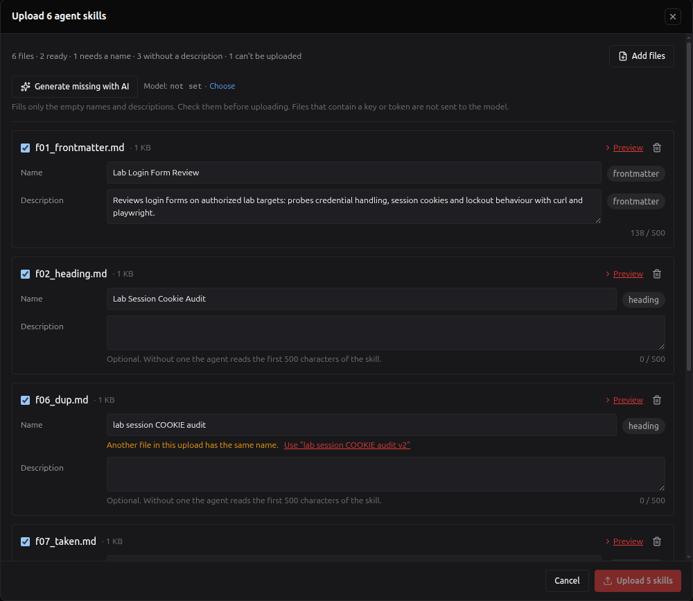 The upload review dialog: each file's name and description with their source, a name used twice and one already taken with a free suggestion, Generate missing with AI and its model line