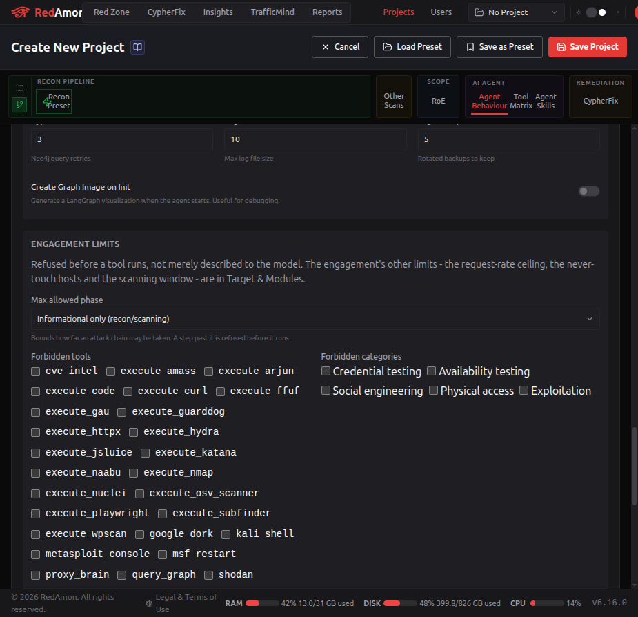 Engagement limits in the Agent Behaviour tab: forbidden tools as a closed list of the agent's real tool names, and the five technique categories