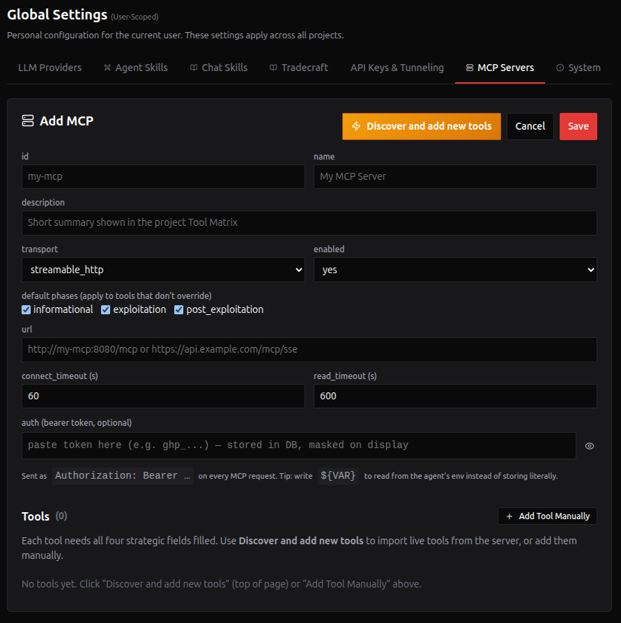 Manual Add MCP form (empty)
