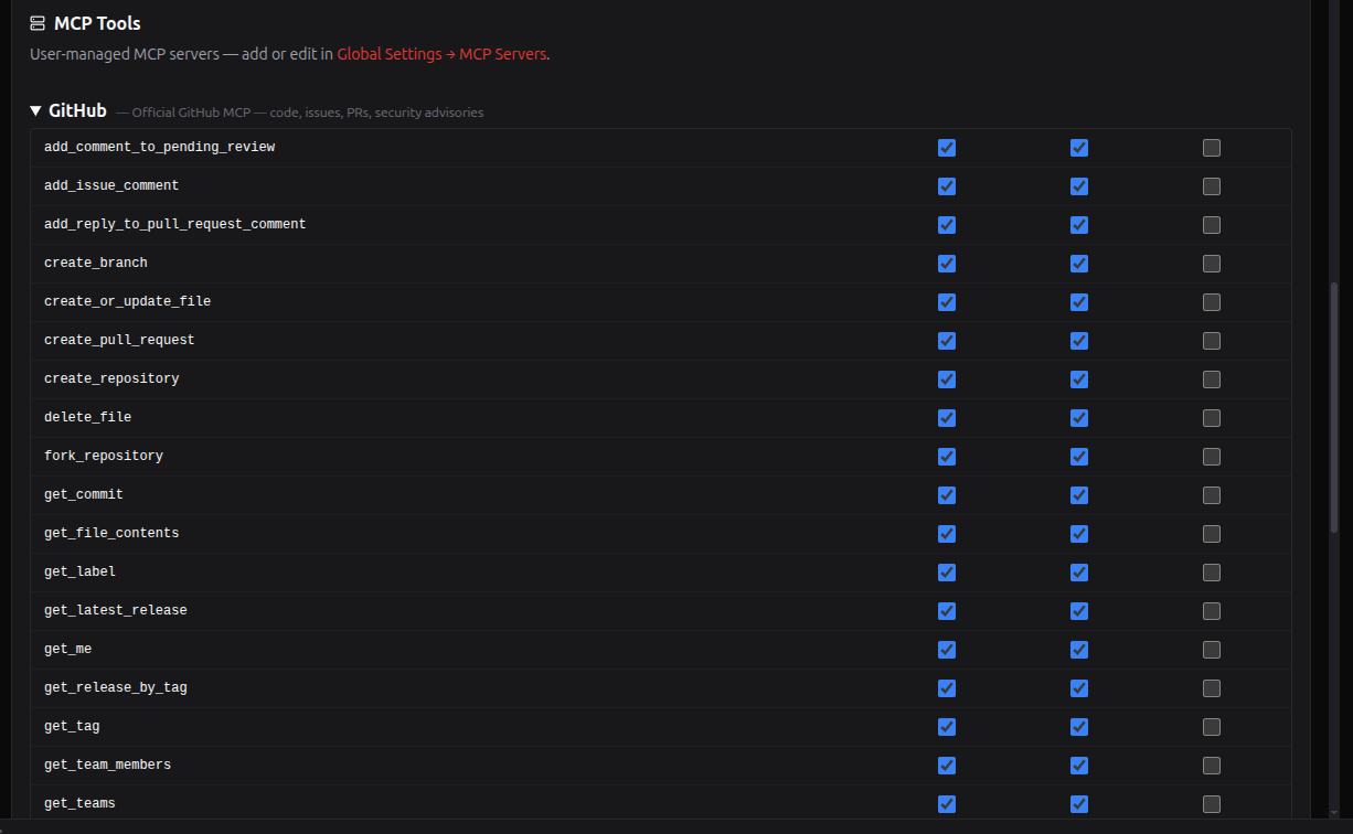 User MCP tools in the project Tool Matrix