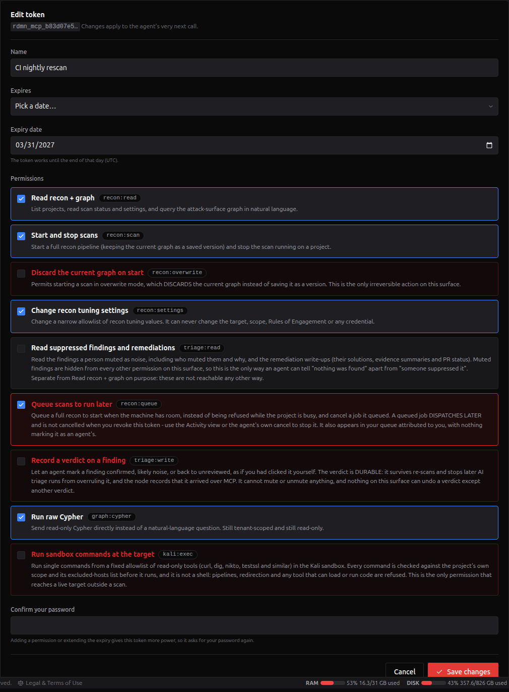 Edit token panel: a picked expiry date and an added permission, which asks for the password