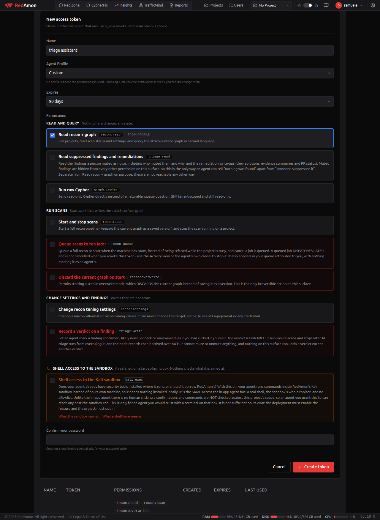 New access token form: an Agent Profile picker above the permissions, which are grouped into read, run-scans, change-settings and shell-access