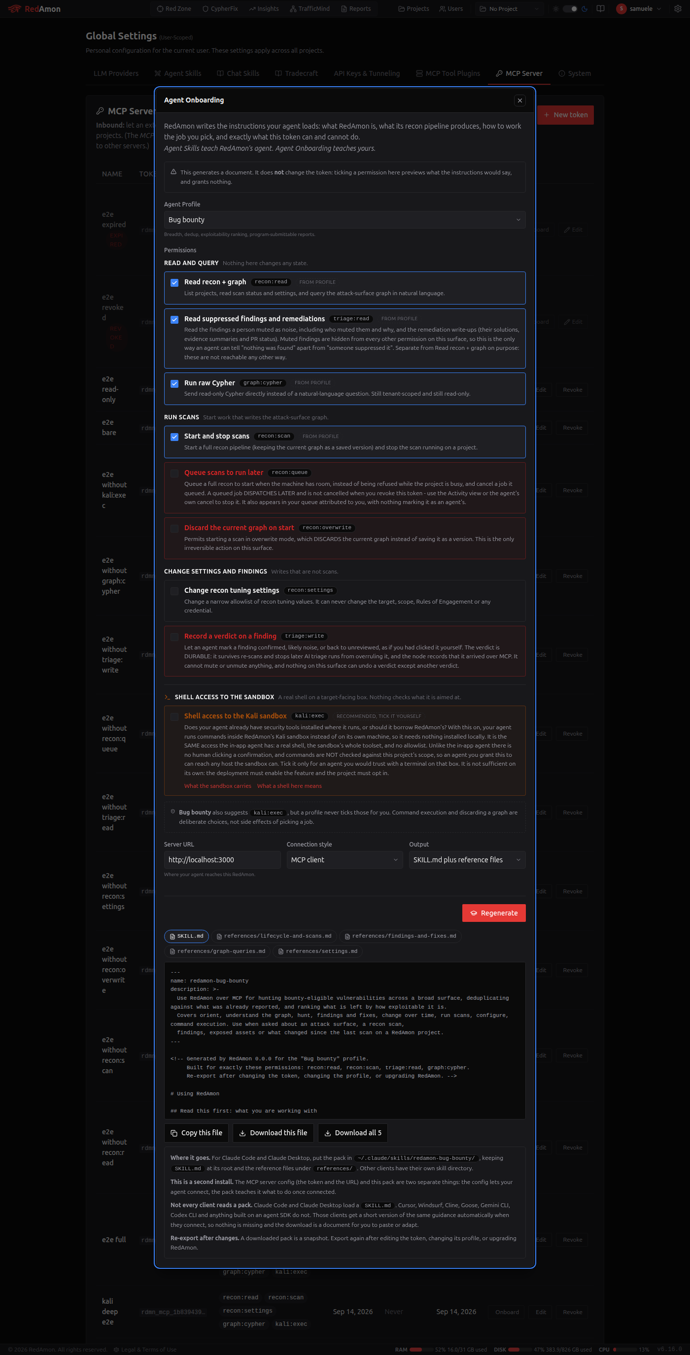 The Agent Onboarding modal: profile, permissions, server URL and a preview of the generated SKILL.md