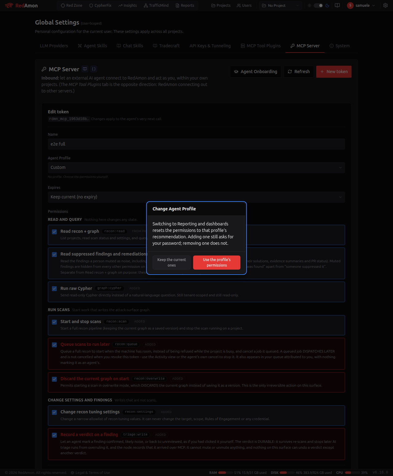 Changing the profile on an existing token asks before it resets the permissions, and tags the ones that differ