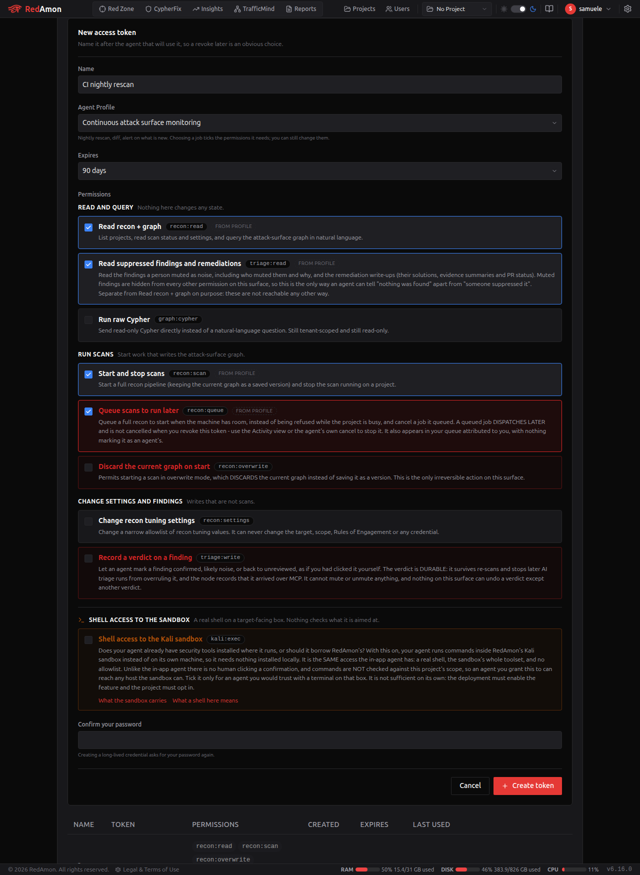 Choosing an Agent Profile re-ticks the permissions that job needs, while kali:exec and recon:overwrite stay clear and flagged
