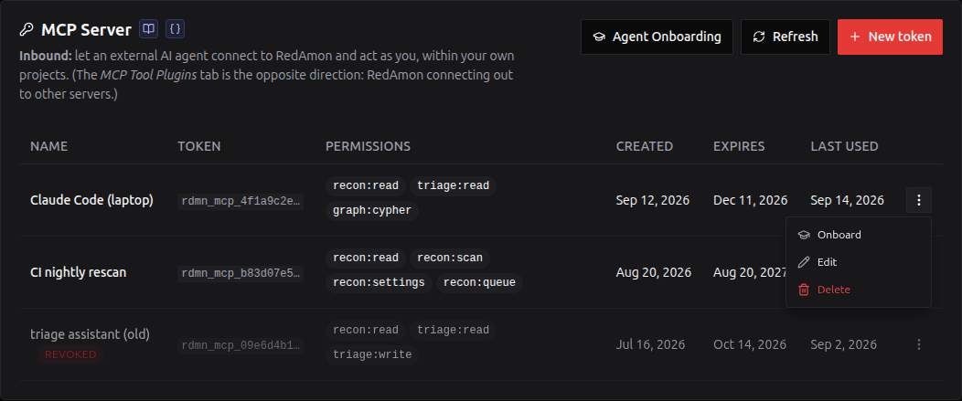 MCP Server tab in Global Settings: three tokens and the permissions each one holds, with one row's actions menu open on Onboard, Edit and Delete