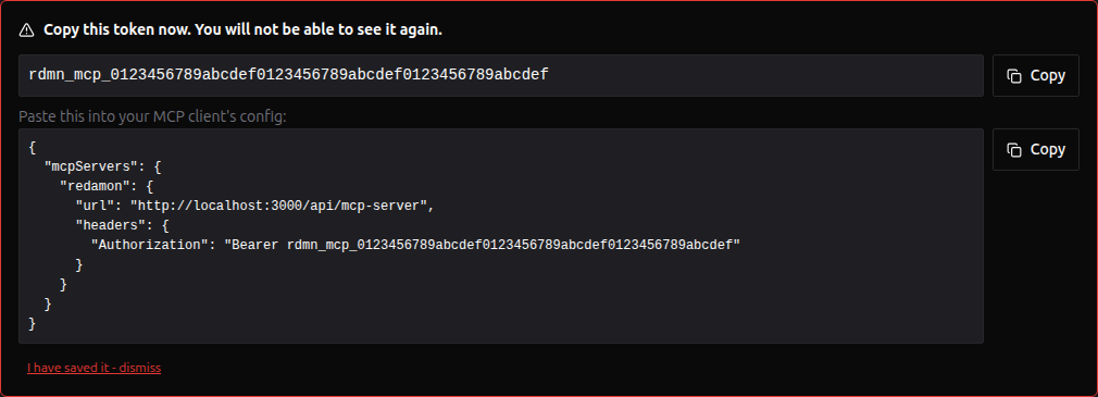 The token is shown once, with the MCP client config beside it