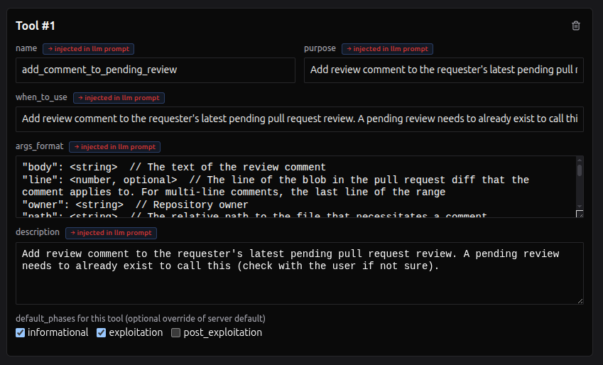 Tool spec — all 5 LLM-injected fields