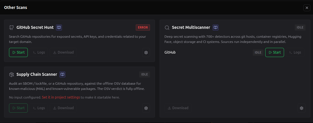 The Other Scans modal with GitHub Secret Hunt and Supply Chain Scanner on the left, and the full-height Secret Multiscanner on the right