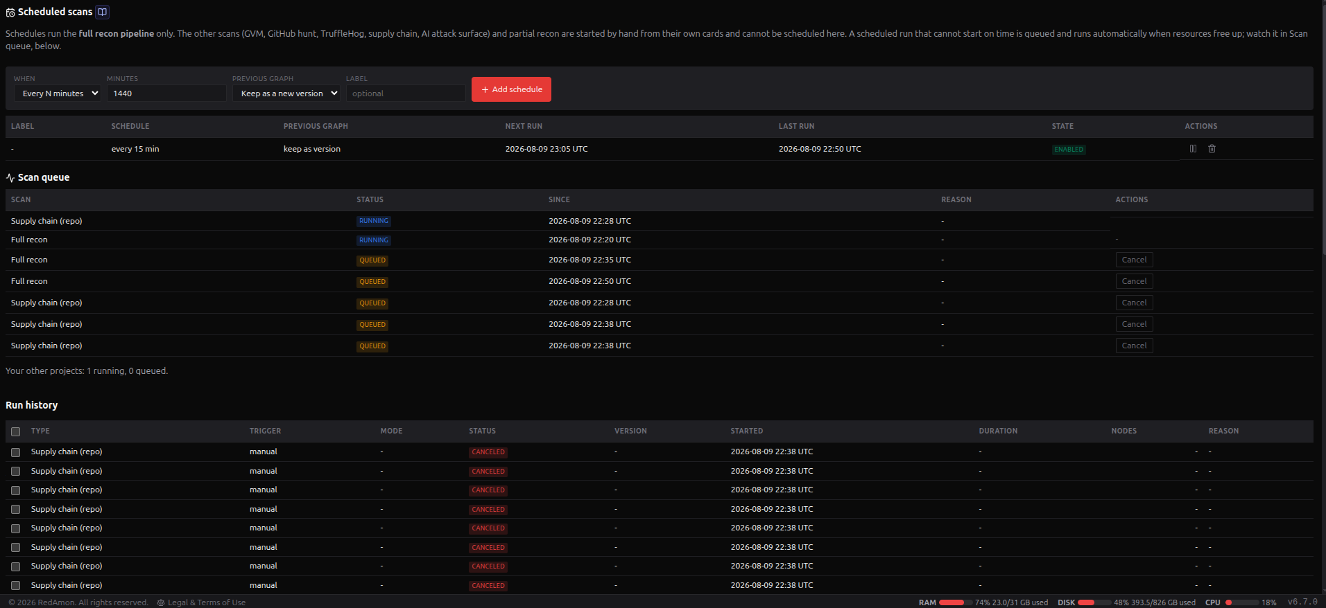 The Scans tab: scheduled scans, the live scan queue and the run history