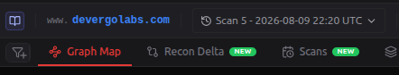 Scan Timeline entry points: the version switcher and the Recon Delta / Scans tabs