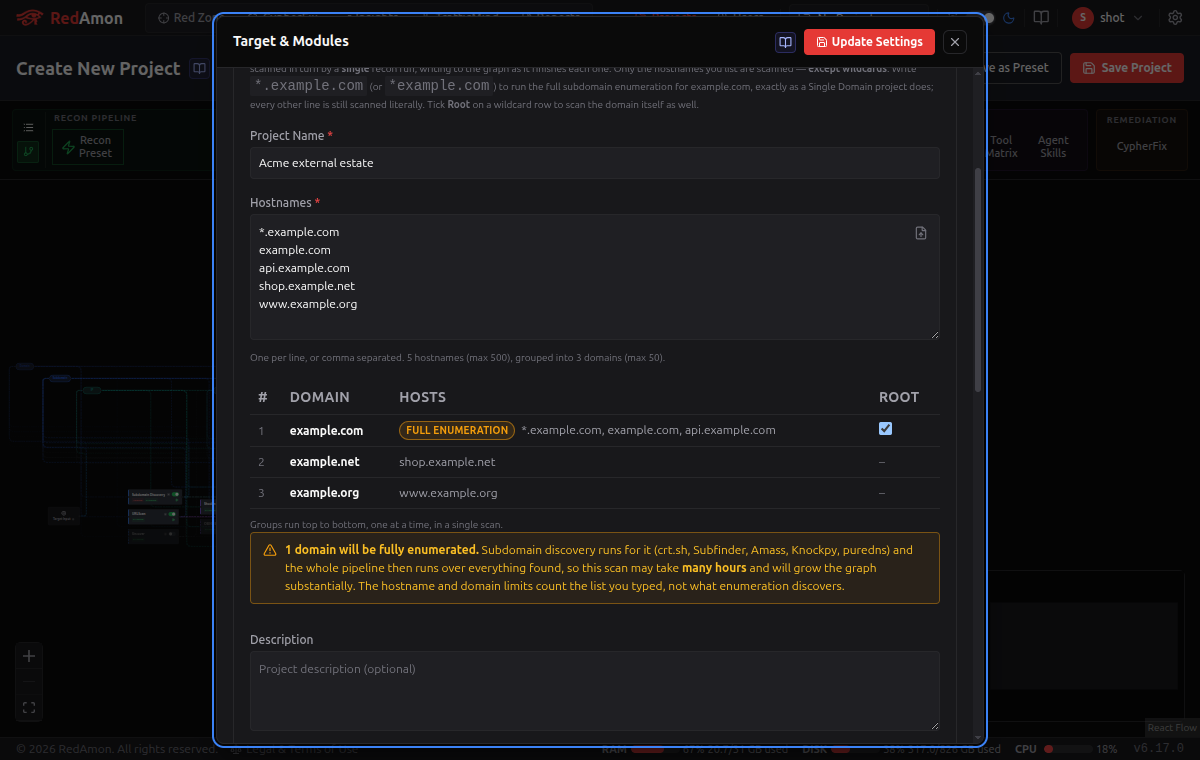 Domain batch: the hostname list and its group preview