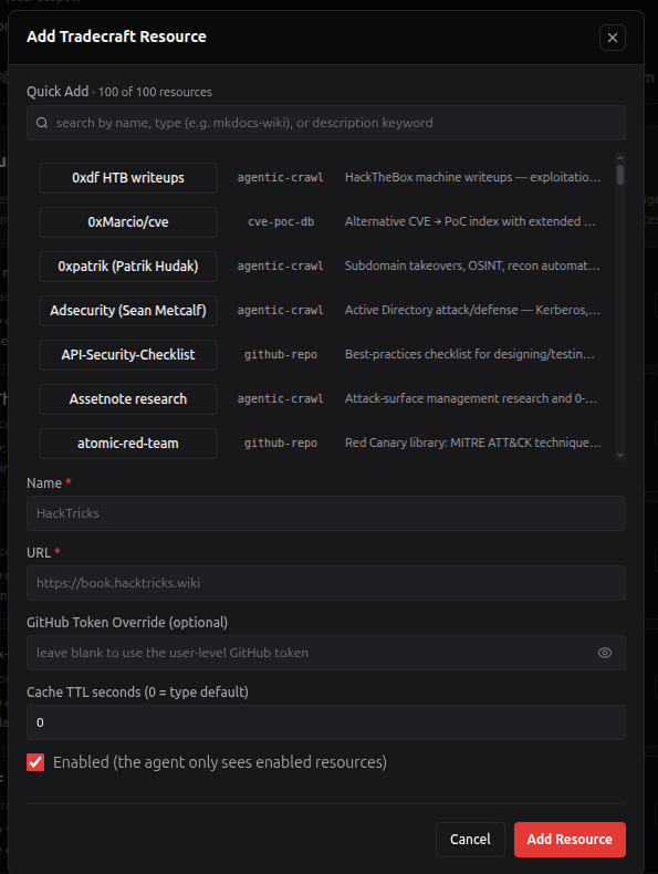 Add Tradecraft Resource modal
