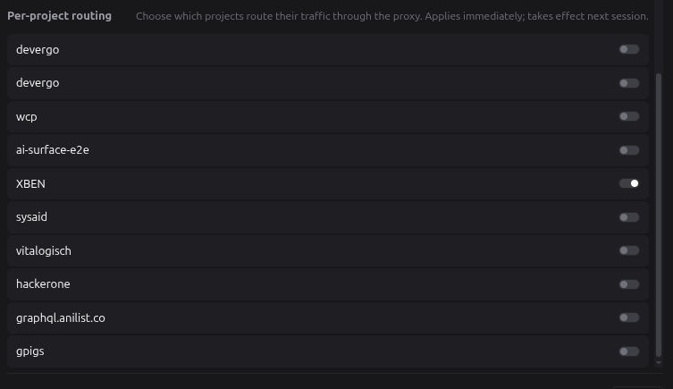 TrafficMind settings dialog — per-project routing matrix