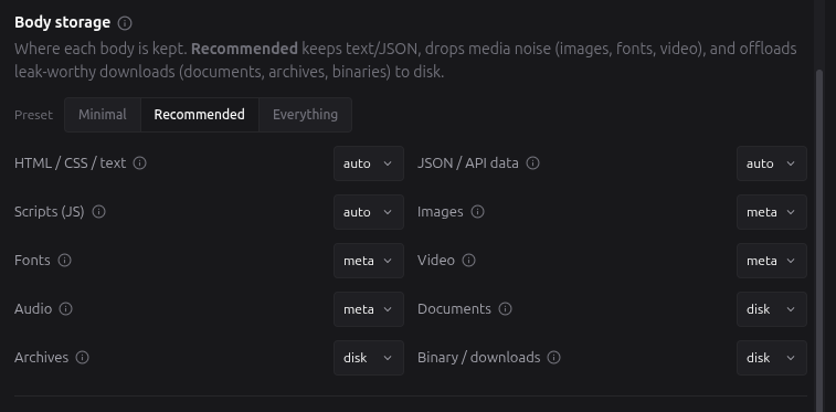 TrafficMind settings dialog — body storage policy