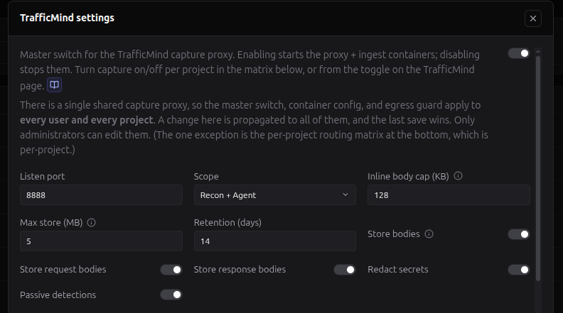 TrafficMind settings dialog — container config