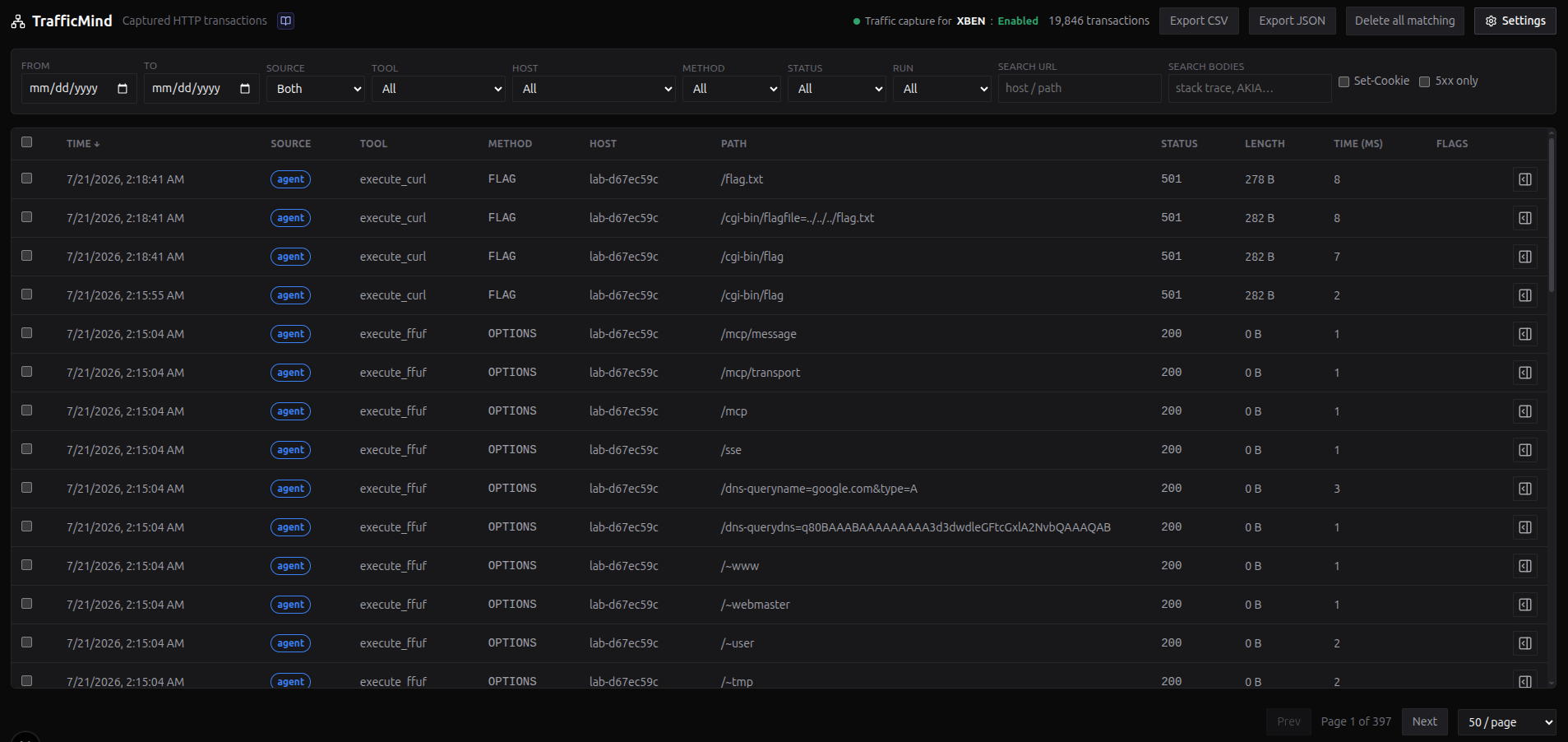 The TrafficMind table view with filters, source badges, and status colors