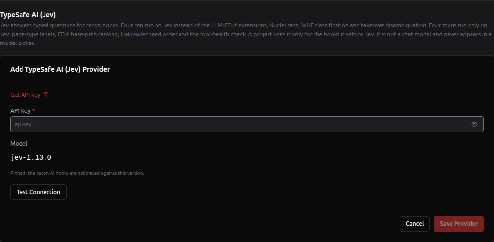 The TypeSafe AI (Jev) section in Global Settings with the Add form open: API key field, the model pinned to jev-1.13.0, Test Connection and Save Provider